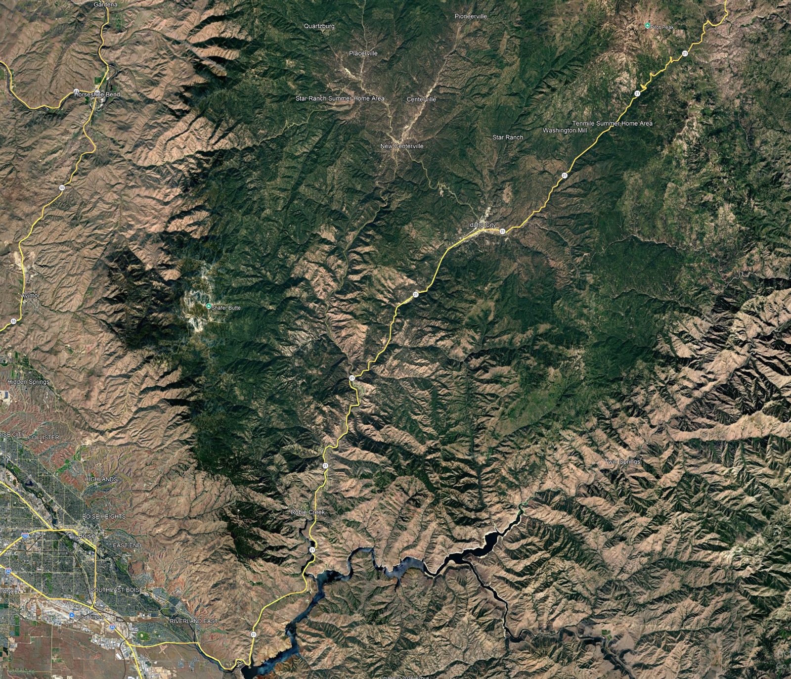 Satellite view of the Boise County terrain the team covers